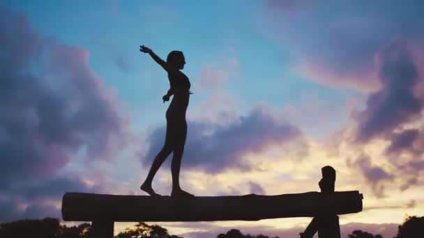 Silhouette Fitness Femme Équilibre Sur Fond Ciel Nocturne Pour Gymnastique — Video