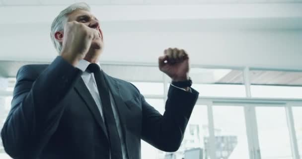 Hombre Negocios Sénior Celebración Éxito Oficina Moderna Con Fines Lucro — Vídeos de Stock