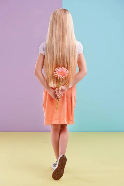 Niespodziankę Dla Mamy Małą Dziewczynkę Kwiatkiem Plecami — Zdjęcie stockowe