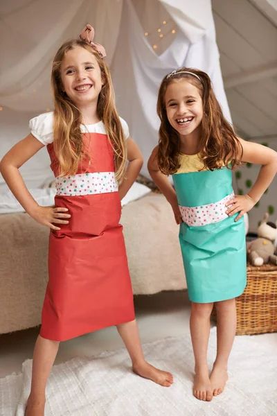 Sisters Make Best Friends Portrait Two Little Girls Posing Dresses — Stock Photo, Image