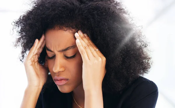 Dolor Cabeza Estrés Agotamiento Con Una Mujer Negra Negocios Que — Foto de Stock