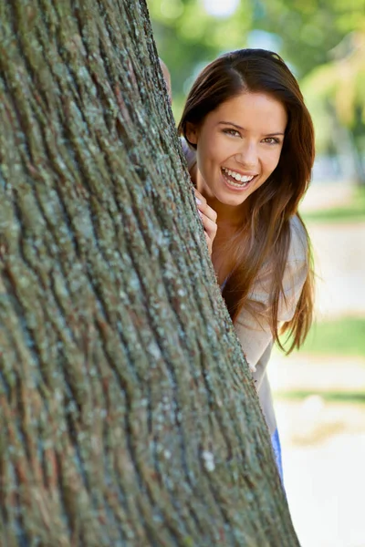 Playful Park Posing Portrait Beautiful Young Woman Standing Tree Park — Stock Photo, Image
