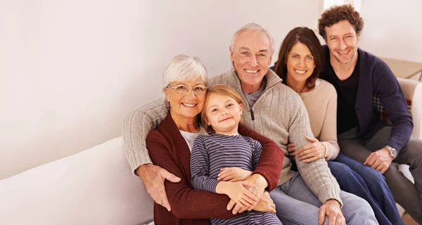 家庭就是一切 一个快乐的多代一家人坐在沙发上的剪下来的肖像 — 图库照片