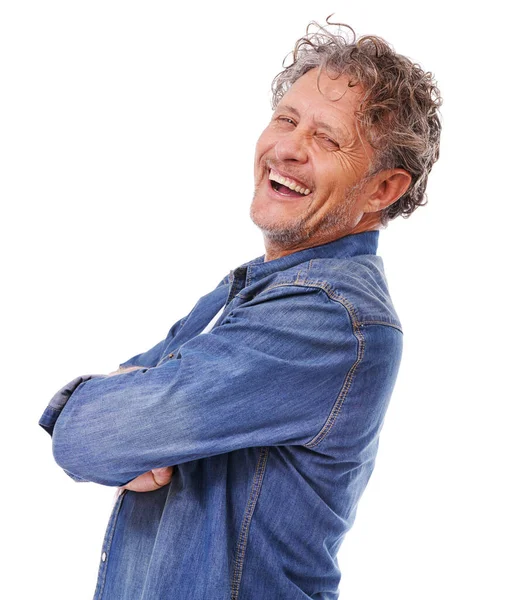 stock image You cant spell awesome without me. Studio portrait of a happy mature man wearing a denim shirt while isolated on white