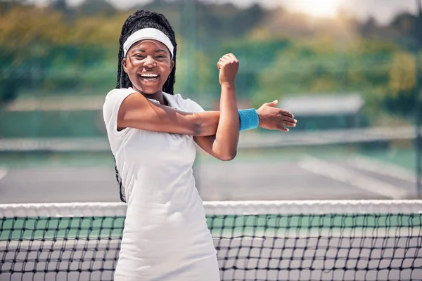 Теніс Спорт Розтягування Портретом Чорної Жінки Готуються Змагань Відкритому Повітрі — стокове фото