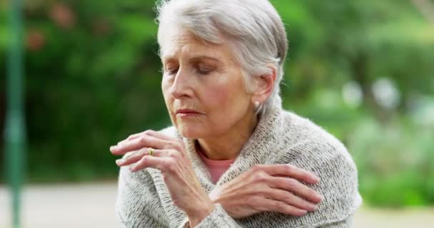 精神衛生 アルツハイマー病や悲しいための公園でストレス 高齢者の女性 うつ病 高齢者の顔を持つ退職自然の中で考えて癌 燃え尽きて不安 — ストック動画