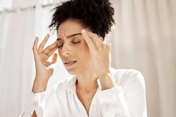 Hoofdpijn Stress Zwarte Vrouw Thuis Met Pijn Die Zich Uitgeput — Stockfoto