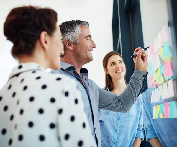 Business People Brainstorming Sticky Notes Planning Strategy Teamwork Office Happy — Stock Photo, Image