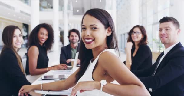 Mulher Negócios Conferência Retrato Sorriem Liderança Para Reunião Gerenciamento Equipe — Vídeo de Stock