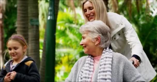 残疾和有孩子的老年妇女在走路时的天性 快乐和沟通 爱你的 带着女儿和孙子的老年妈妈 带着轮椅在公园里散步 — 图库视频影像