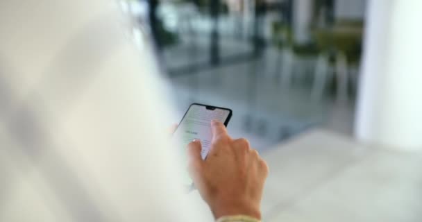 Businesswoman Hands Search Mobile Phone Screen Office Reading Notification Online — Stock video