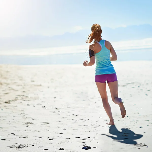 Fitness Woman Running Sandy Beach Healthy Exercise Workout Cardio Training — Stock Photo, Image