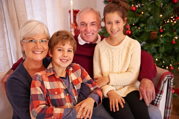 圣诞佳节 老夫老妻和孙子孙女在一起 在家里欢度佳节 圣诞节 爱情和老年男子与成熟的女人 孙子孙女或幸福的微笑 满足或肖像 — 图库照片