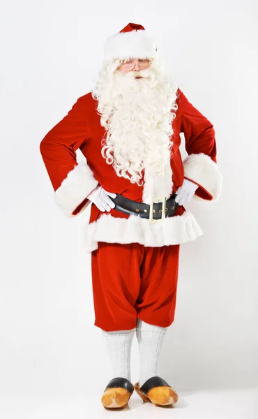 Święty Mikołaj Mrugnij Człowiek Kostiumie Studio Boże Narodzenie Zabawy Ręce — Zdjęcie stockowe