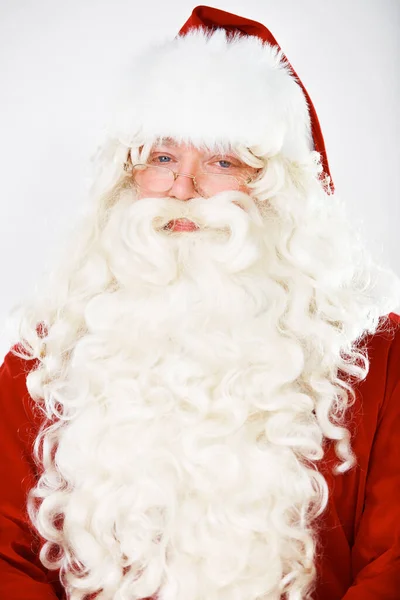 Christmas Celebration Portrait Santa Studio Glasses White Background Suit Tradition — Stock Photo, Image