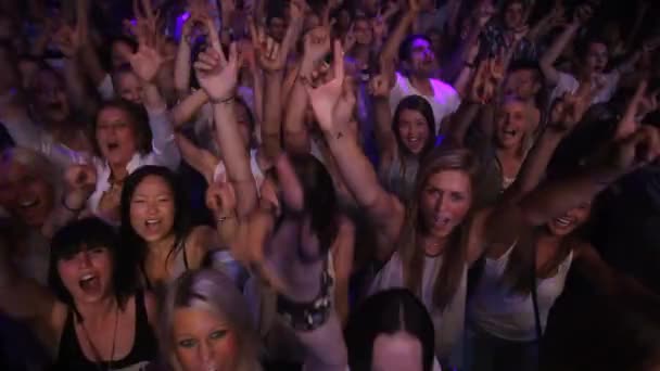 人群或人们在音乐节 音乐会或迪斯科舞会上跳舞 男人和女人在俱乐部和朋友一起为狂欢 表演或现场表演而挥挥手 精力充沛或庆祝 — 图库视频影像