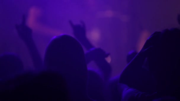 晚上在疯狂的摇滚音乐节上自由地跳舞的舞蹈音乐会上的轮廓 派对或人群 夜总会和作为歌迷一起参加技术 狂欢或朋克迪斯科活动的兴奋人士 — 图库视频影像