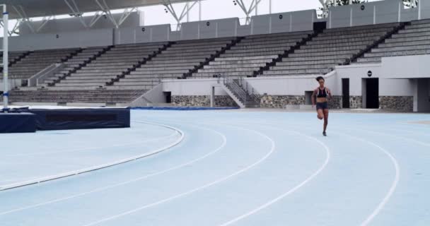 Fitness Woman Running Stadium Track Exercise Workout Training Race Sprint — Stock Video