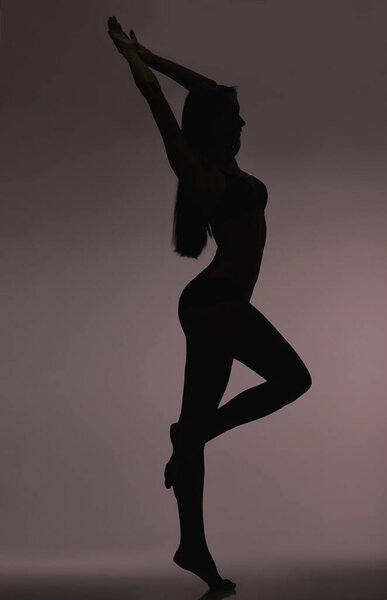 Sensational beauty. Studio silhouette of a beautiful woman in lingerie against a gray background
