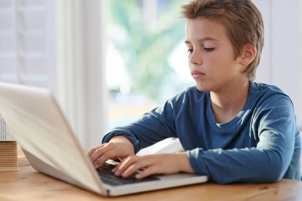宿題を突き破って 家でノートパソコンを使っている少年が — ストック写真