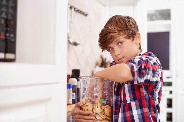 Quiet Can Young Boy Sneakily Taking Cookie Cookie Jar — Stock Photo, Image