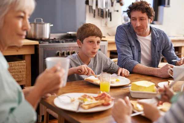 Digging Enthusiasm Cropped Shot Young Boy Mouthful Food Having Breakfast — Stock Photo, Image