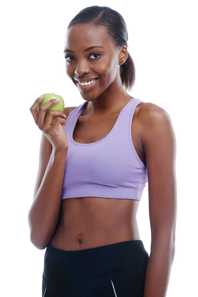 Healthy Calories Isolated Portrait Sporty Young Woman Eating Apple — Stock Photo, Image