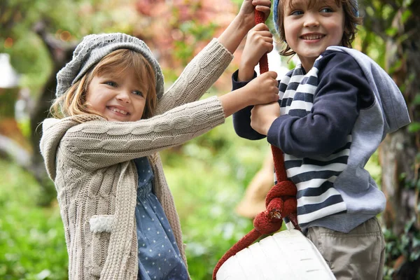 スイングの楽しさ 2人のかわいい子供が庭でタイヤのスイングで遊んでいます — ストック写真