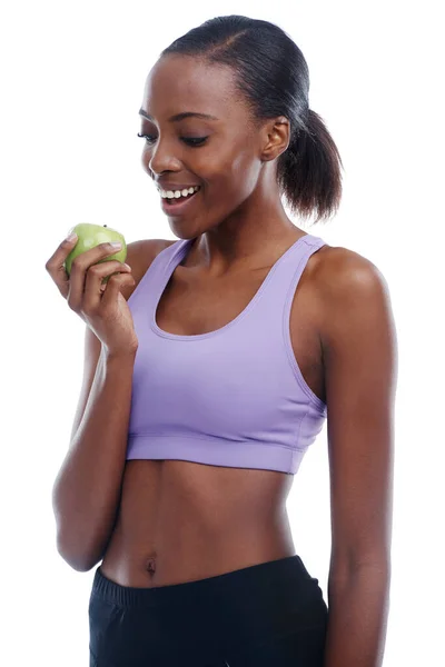 Delicious Healthy Isolated Shot Happy Young Woman Sportswear Eating Apple — Stock Photo, Image