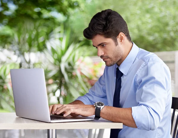 Takes His Work Everywhere Handsome Young Businessman Working His Laptop Stock Photo