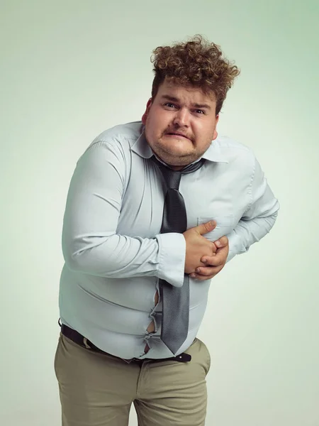 One Burger Too Many Overweight Man Holding His Heart Agony — Stock Photo, Image