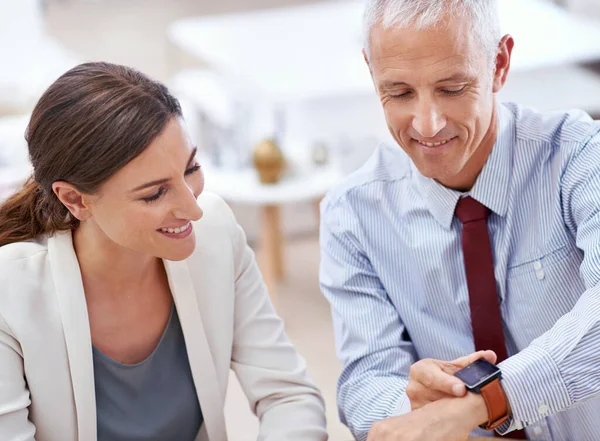 Latest Technology Wrist Businessman Showing His New Watch Coworker Office — Stock Photo, Image