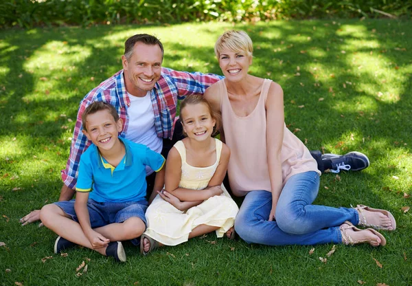 The picture of love and happiness. A portrait of a happy family sitting on the grass together on a sunny day