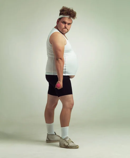Isto Tão Fácil Como Retrato Homem Com Excesso Peso Exercitando — Fotografia de Stock