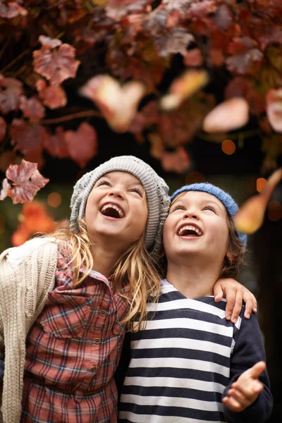 秋の喜び 木々の下から秋の紅葉を眺めながら笑顔で笑う可愛い子2人 — ストック写真