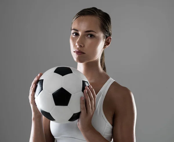 Ready Get Ball Rolling Portrait Confident Young Woman Holding Football — Stock Photo, Image