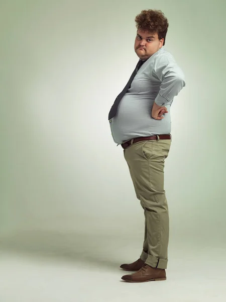 Important Guy Full Length Shot Overweight Man Viewed Side — Stock Photo, Image