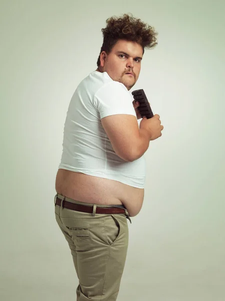 Its Precious Overweight Man Eating Bar Chocolate — Stock Photo, Image
