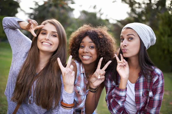 Parkta Barış Bir Grup Kız Arkadaşın Açık Havada Eğlenirken Çekilmiş — Stok fotoğraf