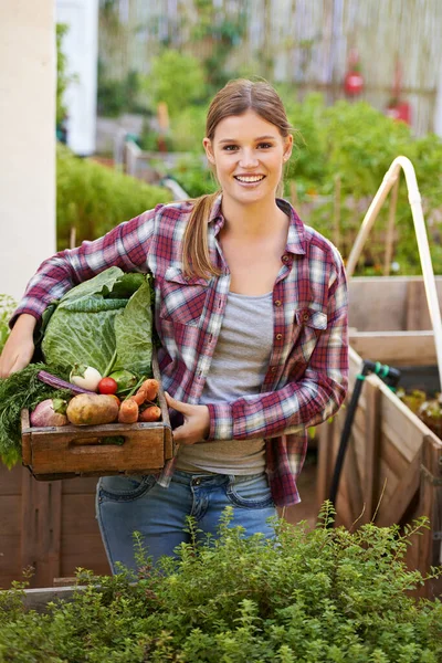 去绿色或回家 一个快乐的年轻女人拿着一板条箱新鲜采摘的蔬菜的画像 — 图库照片