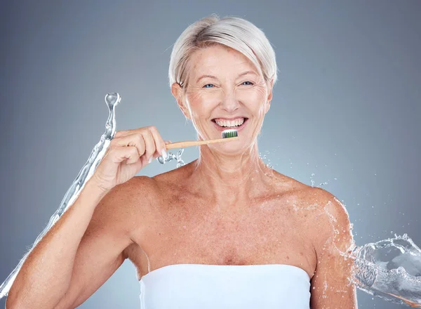 Toothbrush Portrait Senior Woman Dental Healthcare Studio Mockup Brushing Teeth — Stock Photo, Image