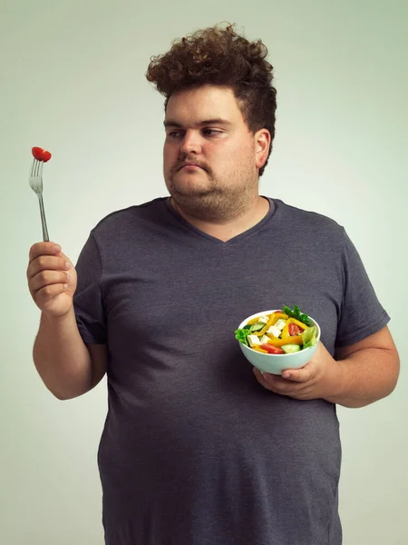Just Going Happen Studio Shot Overweight Man Holding Bowl Salad — Stock Photo, Image