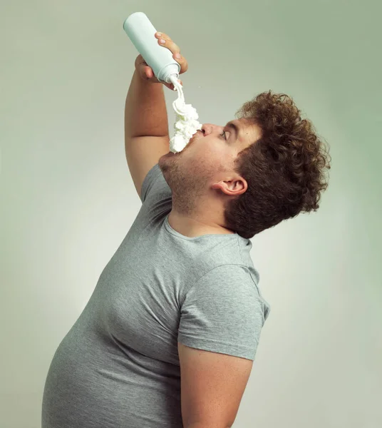 Whipped Cream Diet Overweight Man Filling His Mouth Whipped Cream — Stock Photo, Image