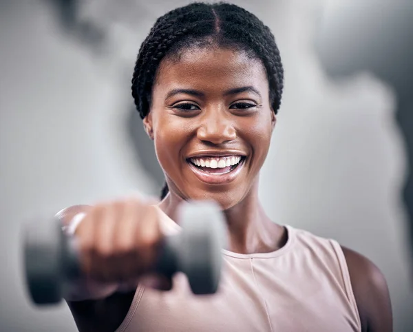 Dumbbell Fitness Black Woman Portrait Muscle Power Energy Wellness Training — Stock Photo, Image