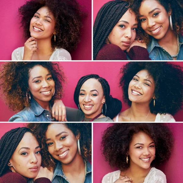 Koláž Černé Ženy Přátelé Růžové Stěně Pro Krásu Štěstí Afro — Stock fotografie