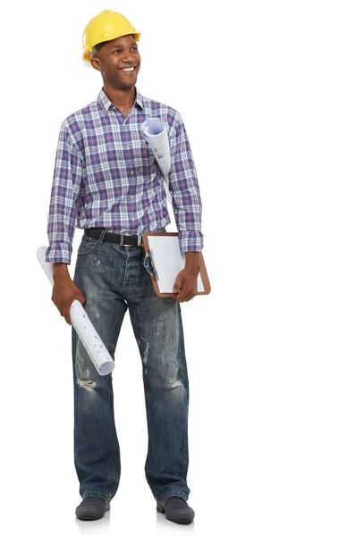 Construction Worker Blueprint Check List Black Man Architecture Industry White — Stock Photo, Image