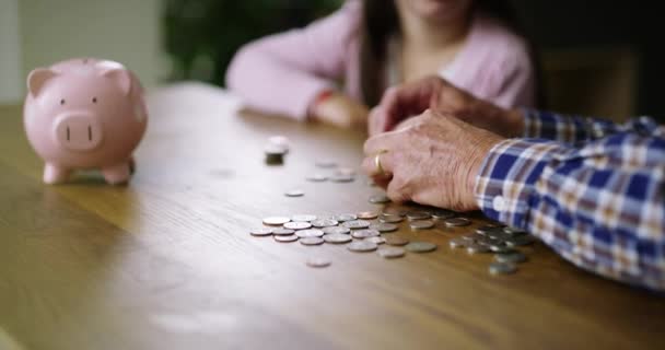 Pieniądze Dziewczyna Ucząca Się Oszczędnościach Dziadkiem Nauczania Monety Skarbonka Przyszłość — Wideo stockowe