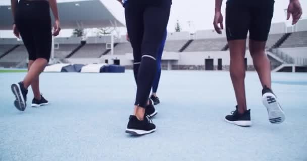 競技場を歩く人々のスポーツ フィットネス チームとしてのグループトレーニングとコミットメント 屋外アリーナでの競争の準備ができているアスリートの男性と女性のチームワーク スポーツ — ストック動画