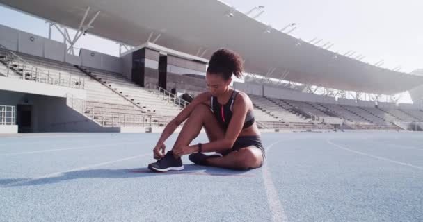 Stadium Fitness Woman Tie Shoes Preparing Workout Training Running Wellness — Stock Video
