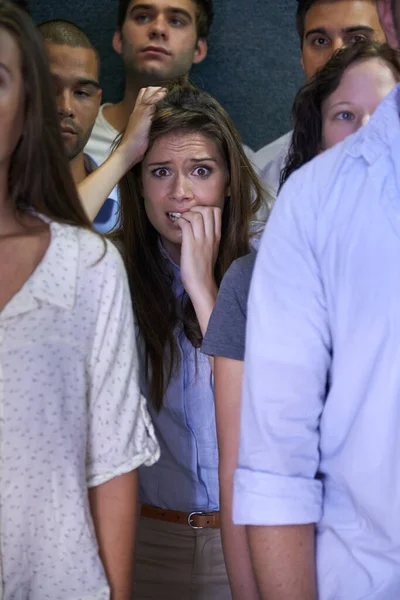 Have Get Out Here Fearful Young Woman Feeling Trapped Crowd — Stock Photo, Image